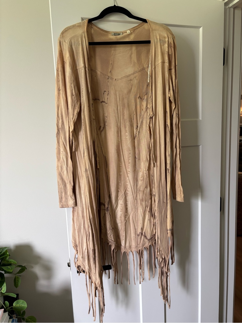gimmicks by BKE Beige Fringe Open-Front Cardigan